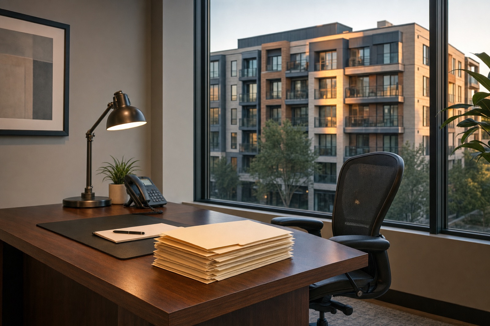 An empty desk in a lender's office with a stack of closed loan folders, a mid-rise condominium building beyond the window